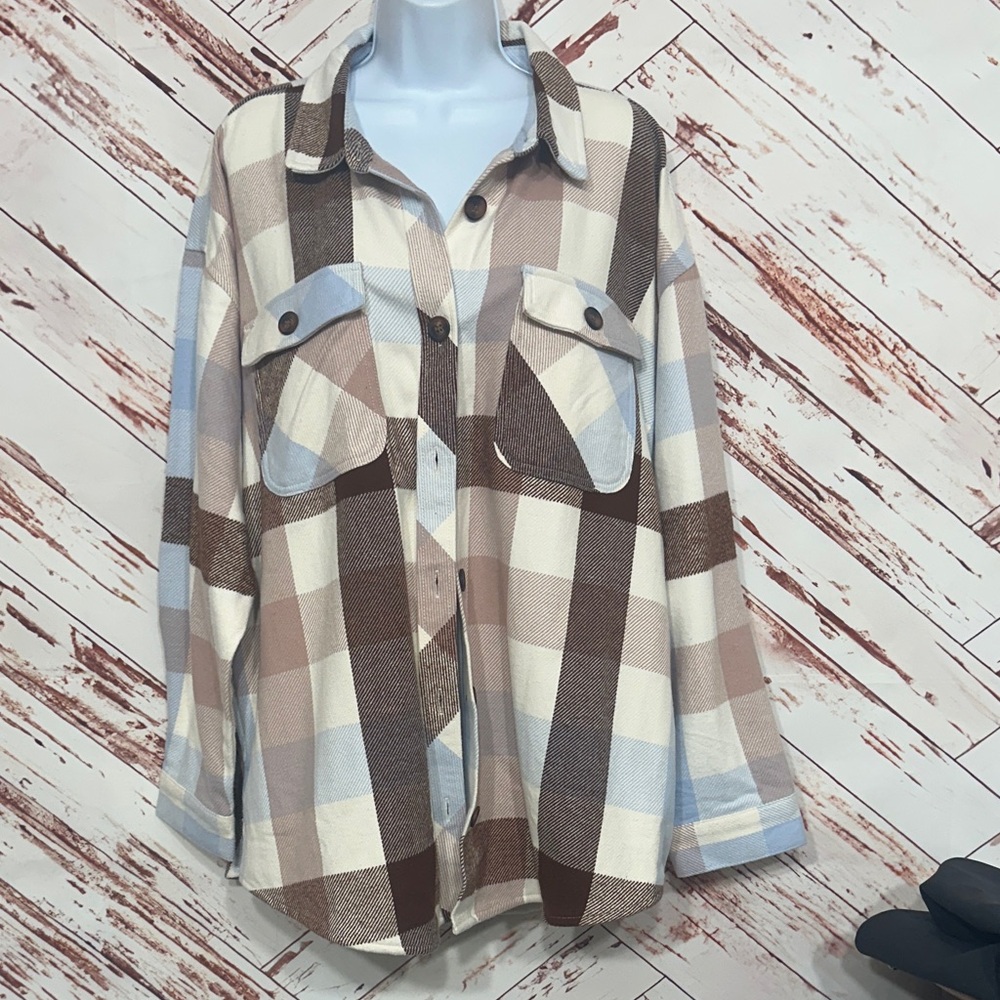 Nwot Maurices Plaid Button Down Shacket- Brown, Cream, Blue